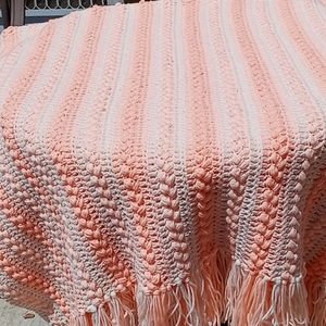 Afghan, twin size,home knit,white with peach,